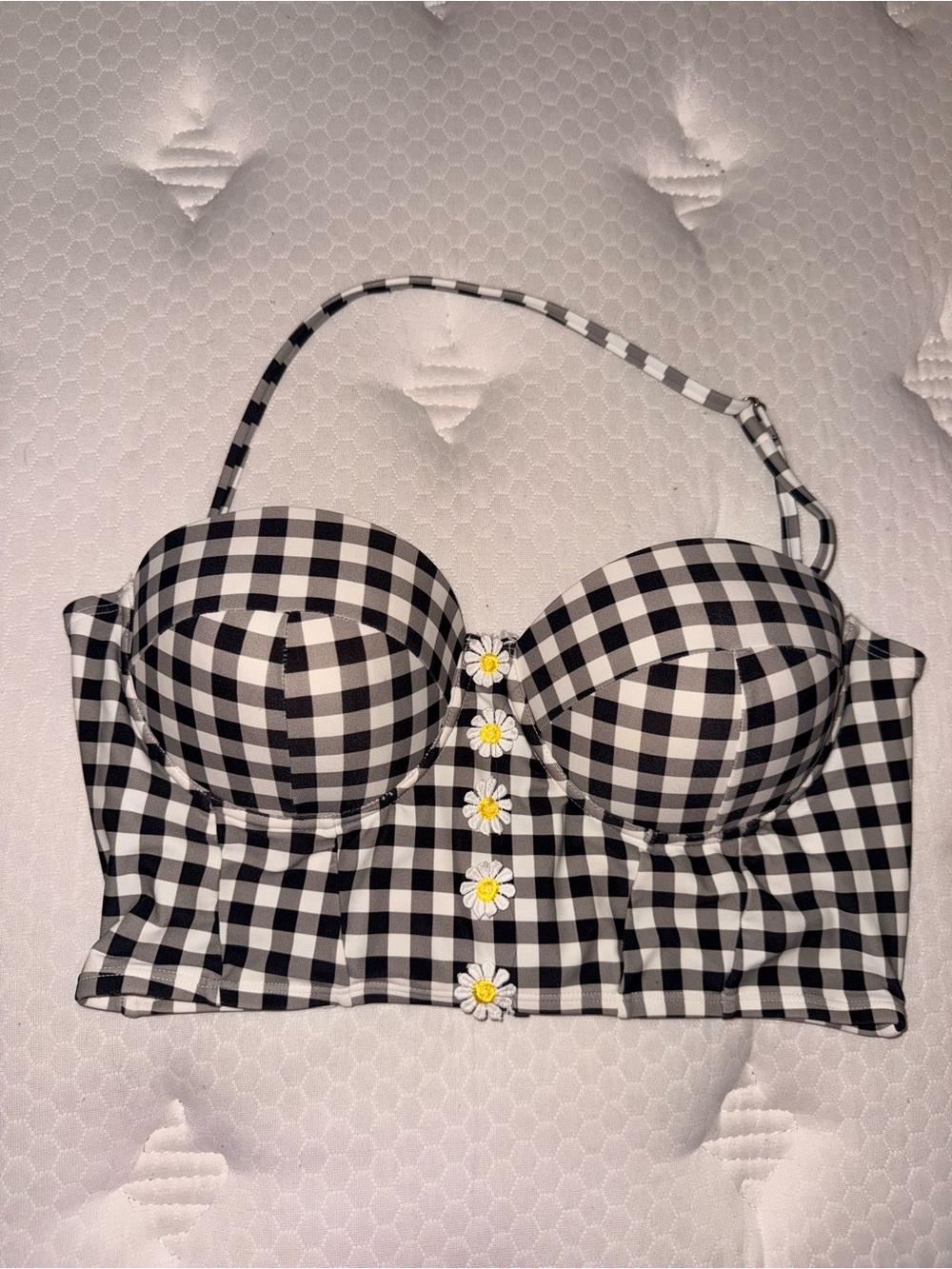 134. Black and White Gingham Bustier Top with Daisy Buttons